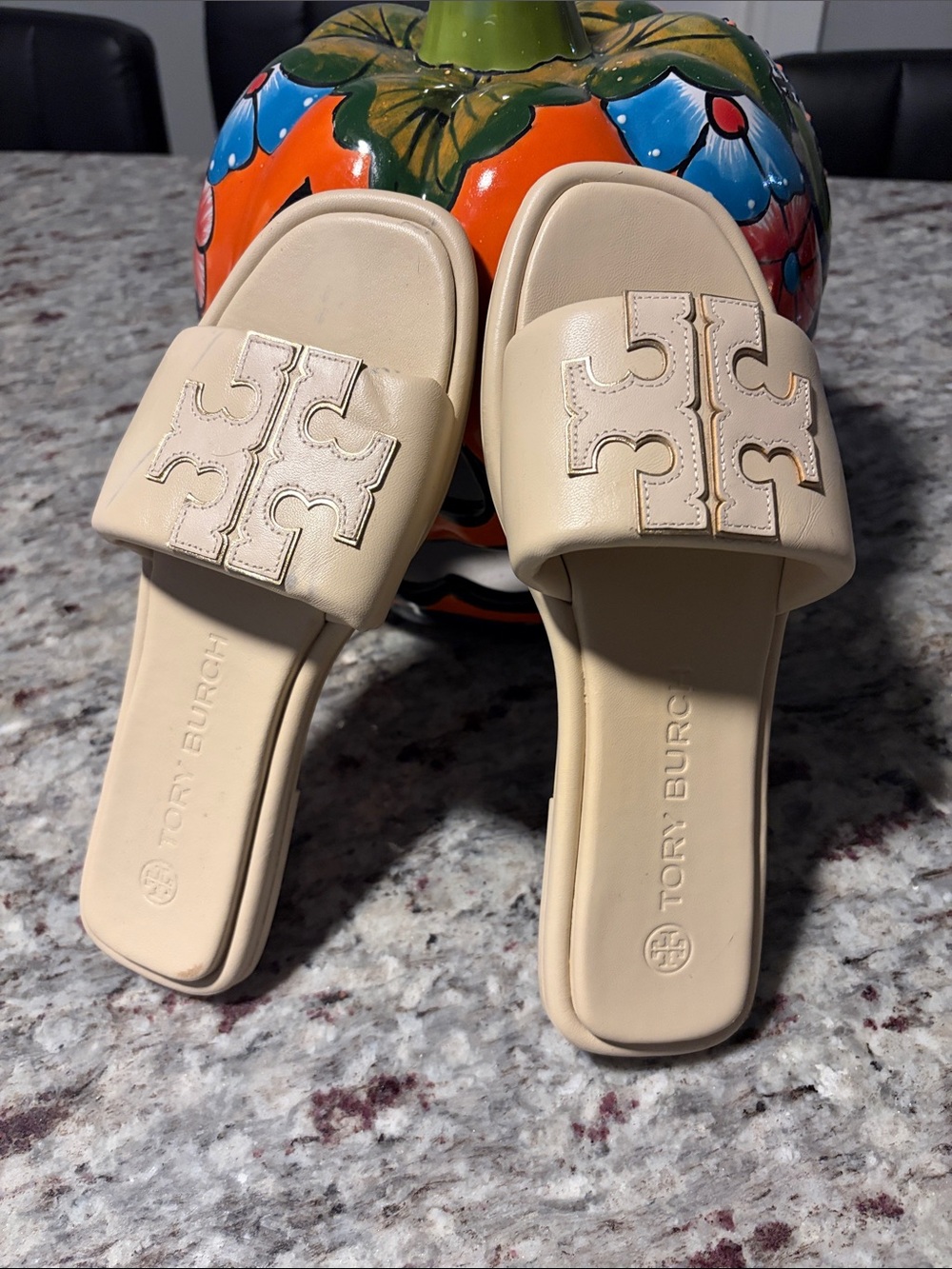 Tory Burch Cream Leather Logo Slide Mules - Picture 2 of 4